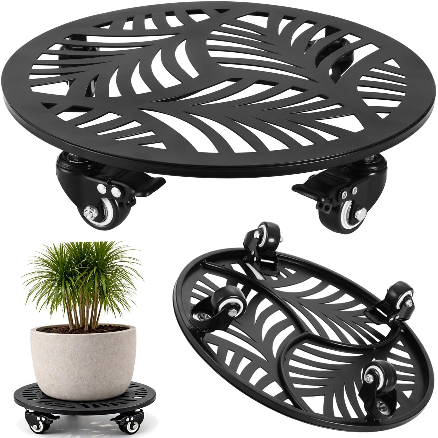 1 Pack Metal Plant Caddy with Wheels 12 Inch Large Heavy-duty Rolling Plant Stands with Casters Wheeled Planter Dolly Pot Mover Rollers Rust-proof Round Garden Trolley Coasters for Indoor Outdoor Use