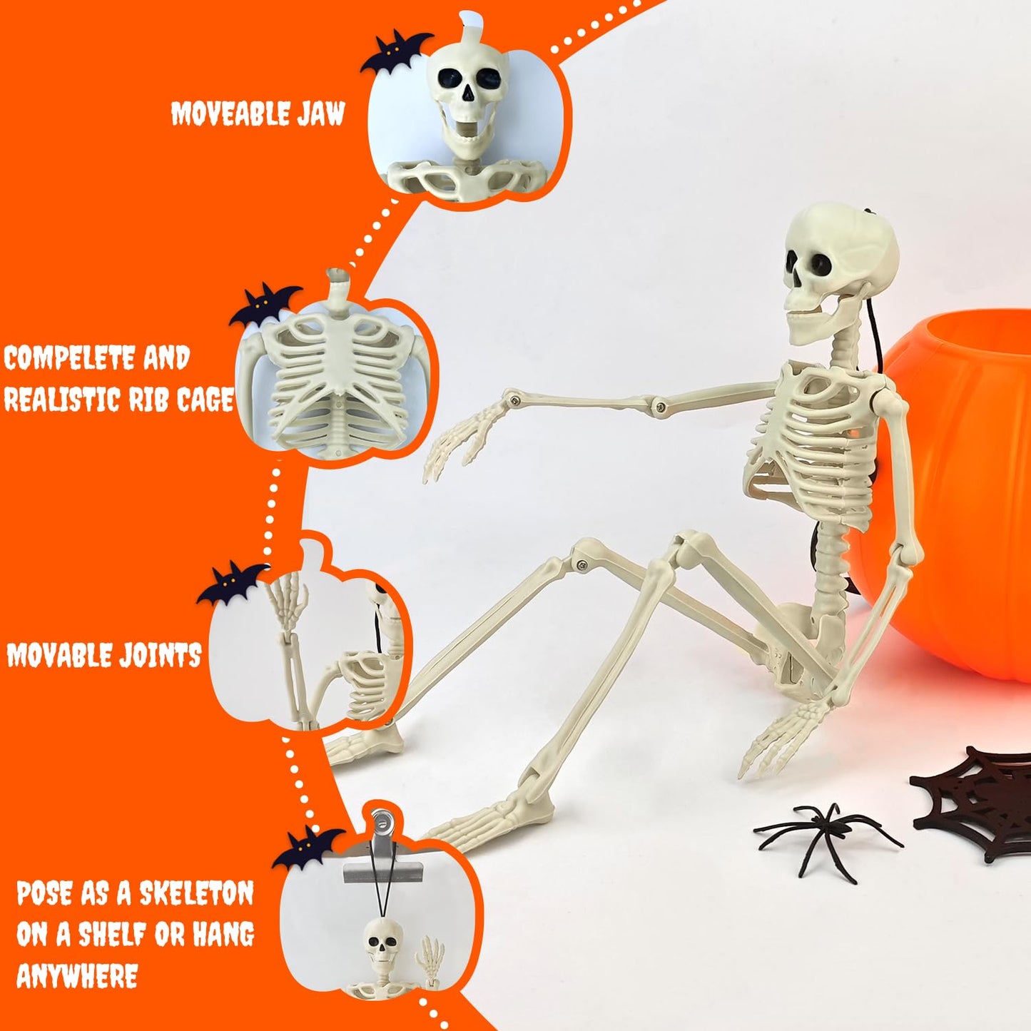 4 PCS 16'' Halloween Decor for Outdoor Graveyard Yard,Small Posable Plastic Skeletons Decorations for Tree Lawn Window Office Desk,Halloween Party Supplies,Scary Skull Hanging Props for Haunted House