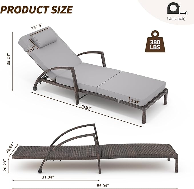 GarveeLife 2-Piece Rattan Patio Folding Chaise Lounge, 5-Position Adjustable