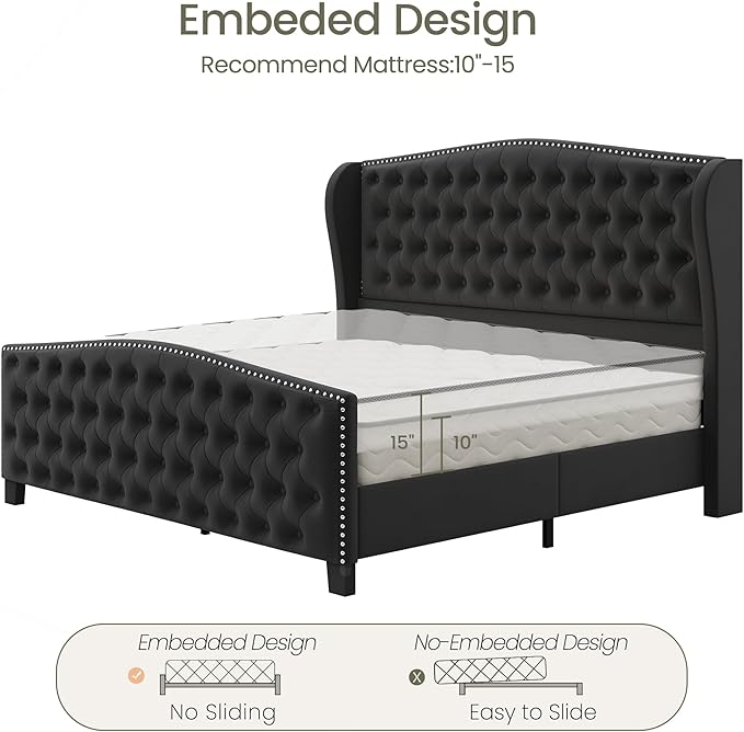 LARMACE King Size Bed Frame Velvet Upholstered Platform Bed