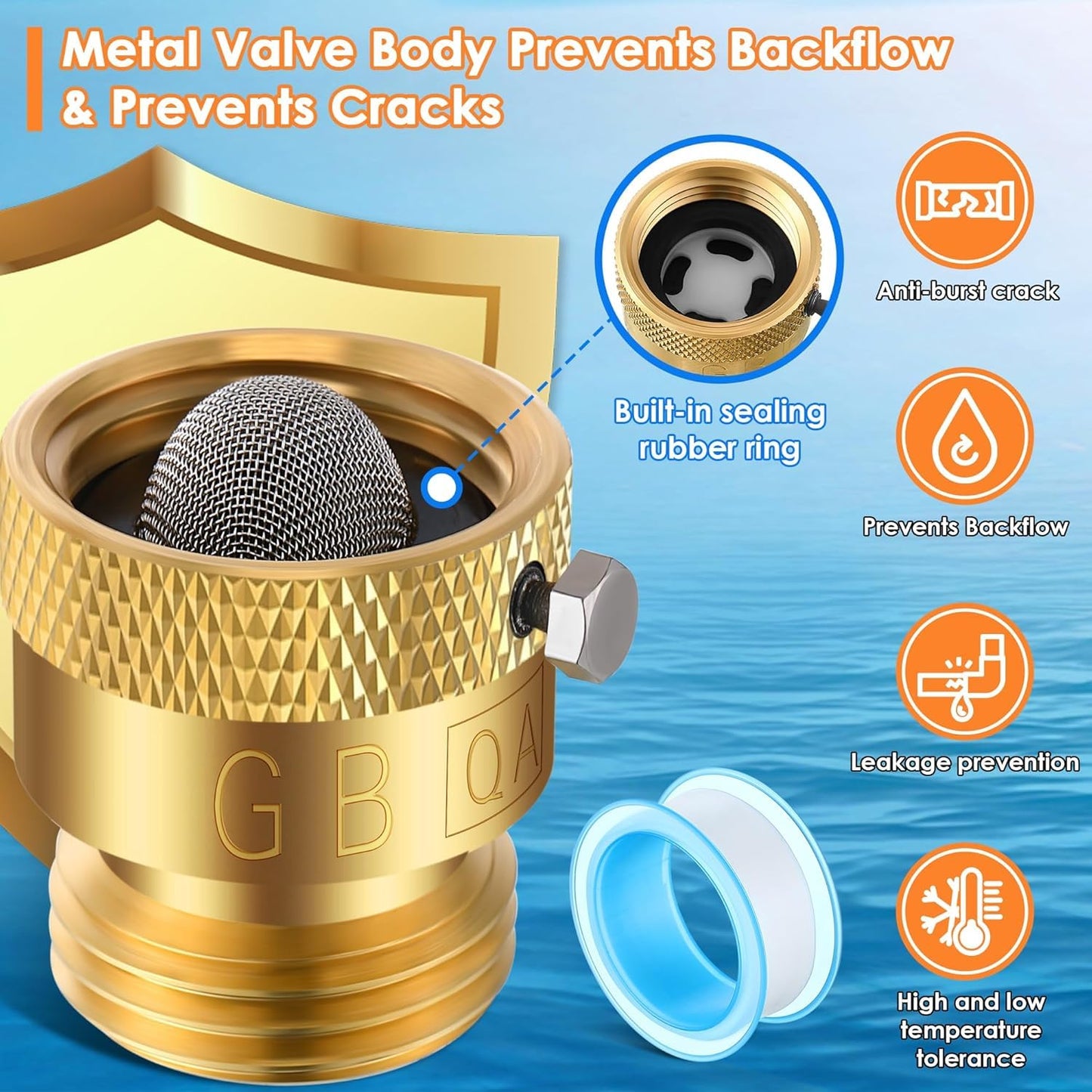 Gulfmew Drip Irrigation Faucet Adapter 25 PSI, 1/4" Tubing Quick Connect to 3/4" Garden Hose with Backflow Preventer, Filter, Tape, Pressure Regulator, Copper Drip Irrigation System Fittings (8 Pack)
