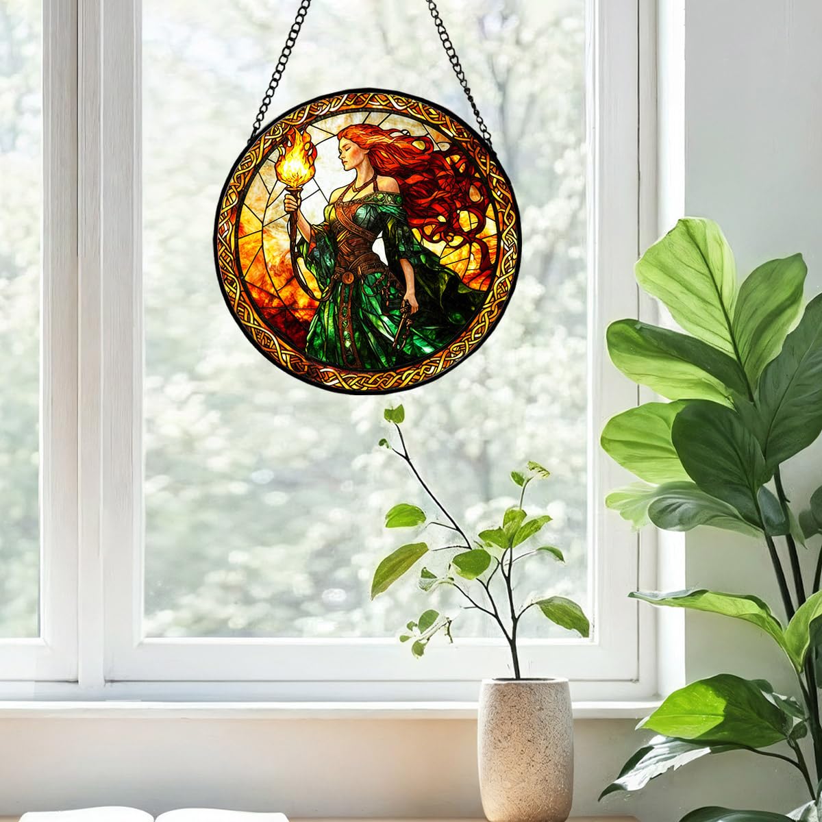Greatingreat Stained Glass Window Hanging Brigid Goddess, Home Room Decor 7.8 Inch Sun Catchers Indoor Window, Whimsical Decor for Christmas Birthday Gifts for Women