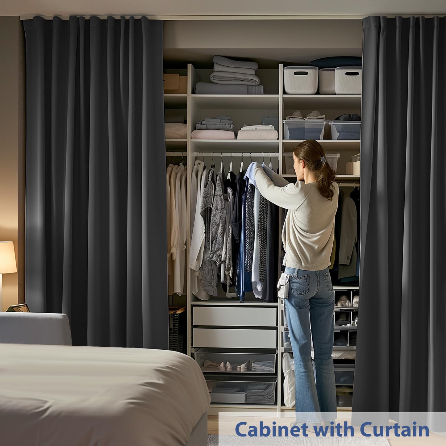cbsroro Room Divider Curtains Ceiling Mounted Track Sets Extra Wide Blackout Curtain Flexible Tracks for Bedroom Privacy Partition Separator, 1 Panel Black Drape and White Rail, W8.3 x H7ft