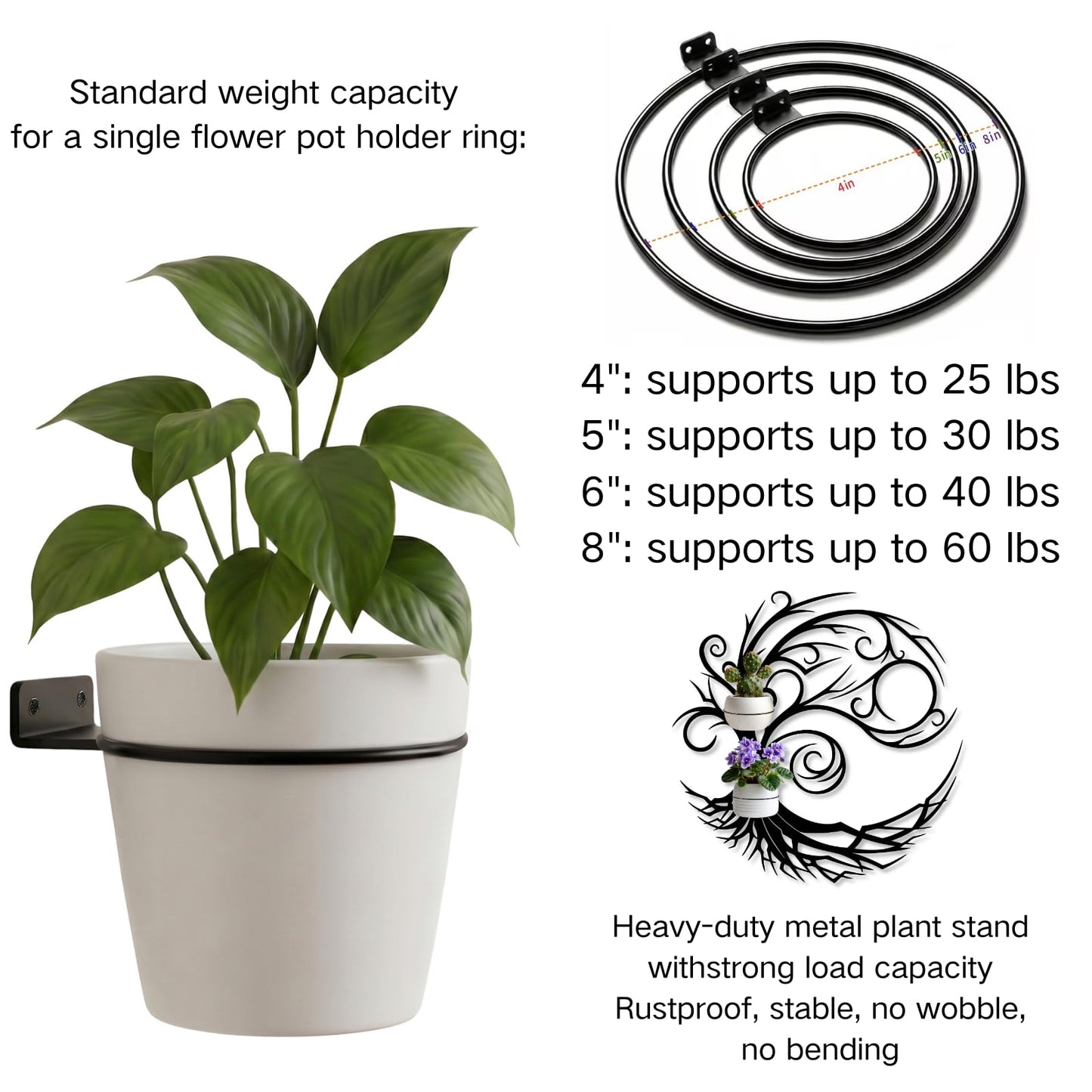 Tree of Life Metal Plant Wall Holders, Metal Tree Wall Mounted Plant Holder, Branch Hanging Planters for Living Room, Kitchen, Fireplace (Black, 35"x 35"| 90x90cm, 3 Pack 5" Flower Pot Holder Ring)