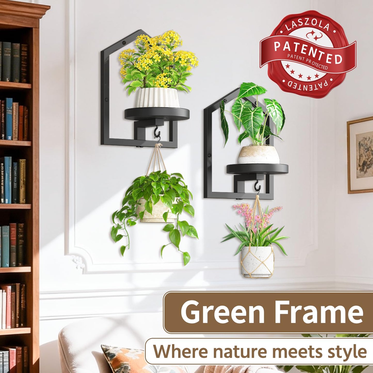 LASZOLA 3 Pcs Black Wall Mount Plant Shelves with Hangers for Indoor Flower, Heavy Duty Metal Window Floating Planter Holders Stand, Iron Modern Picture Frame Decorative for Bathroom Kitchen with Hook