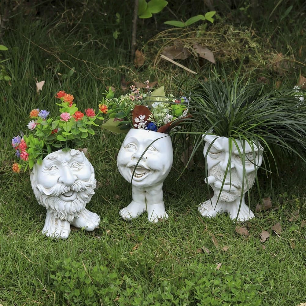 Sheremart Whimsical Face Planter - 6inch Funny Wizard Head Sculpted Pot (Antique White Resin), Unique Succulent Planter for Indoor/Outdoor Garden Decor (5#)