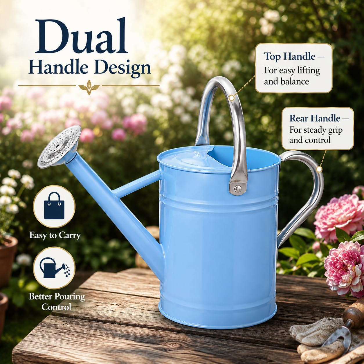 1 Gallon Metal Watering Can for Indoor Outdoor Plants, Galvanized Steel Watering Can with Removable Spout, 2 Stainless Steel Handles, Garden Flower Watering Pot