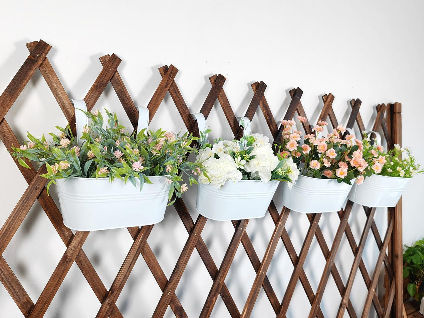Joyfernal 10" Hanging Flower Pots, Pack of 2 White Metal Outdoor Patio Balcony Planter, Railing Planters Fence Pot with Detachable Hook & Drainage Hole for Small Plants (White, 2Pcs)