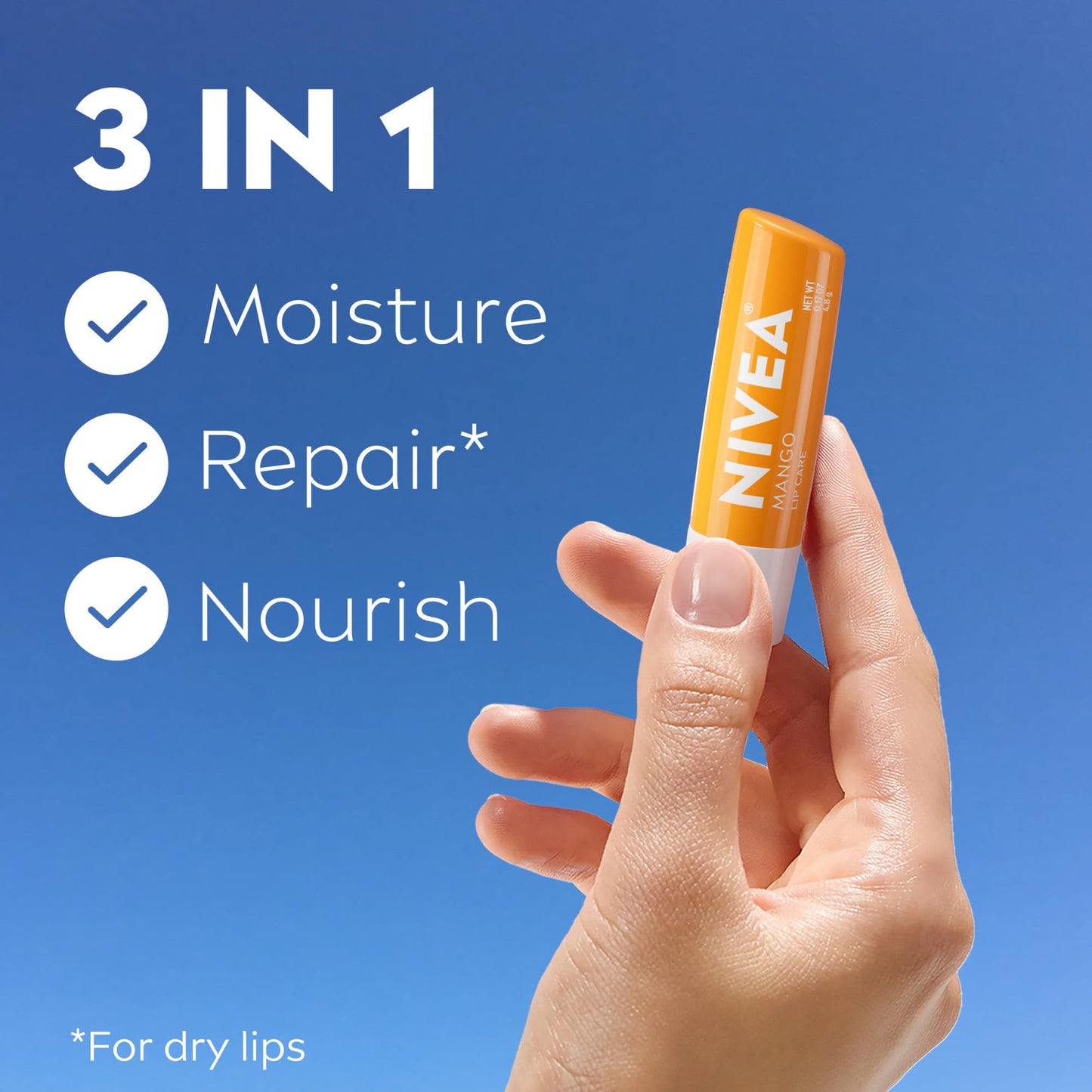 NIVEA Lip Care, Fruity Tinted Lip Balm Variety Pack, Cherry, Strawberry, Blackberry and Watermelon Flavors, 3-in-1 Moisture, Repair and Color, 0.17 Oz Stick, Pack of 4