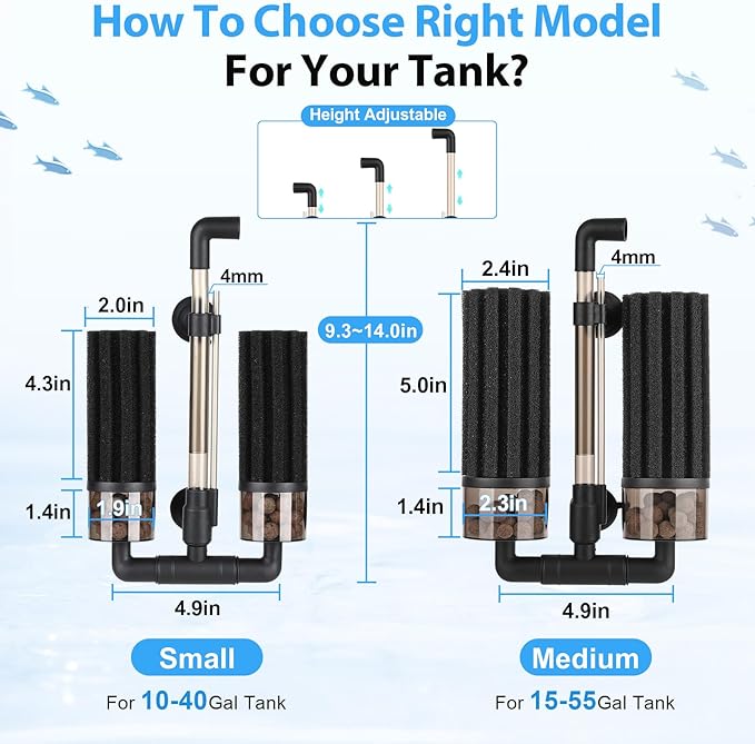 hygger Aquarium Double Sponge Filter: Upgraded Sponge Filter with Larger Filtration Area, Come with Extendable Clip, 2 Spare Biochemical Sponges, Bioceramic Balls, for Freshwater Saltwater Tank - M