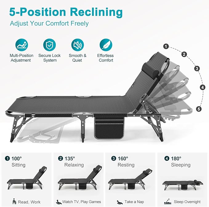 ABORON Heavy Duty Tanning Chair, 5-Gear Outdoor Folding Chaise Lounge Chair