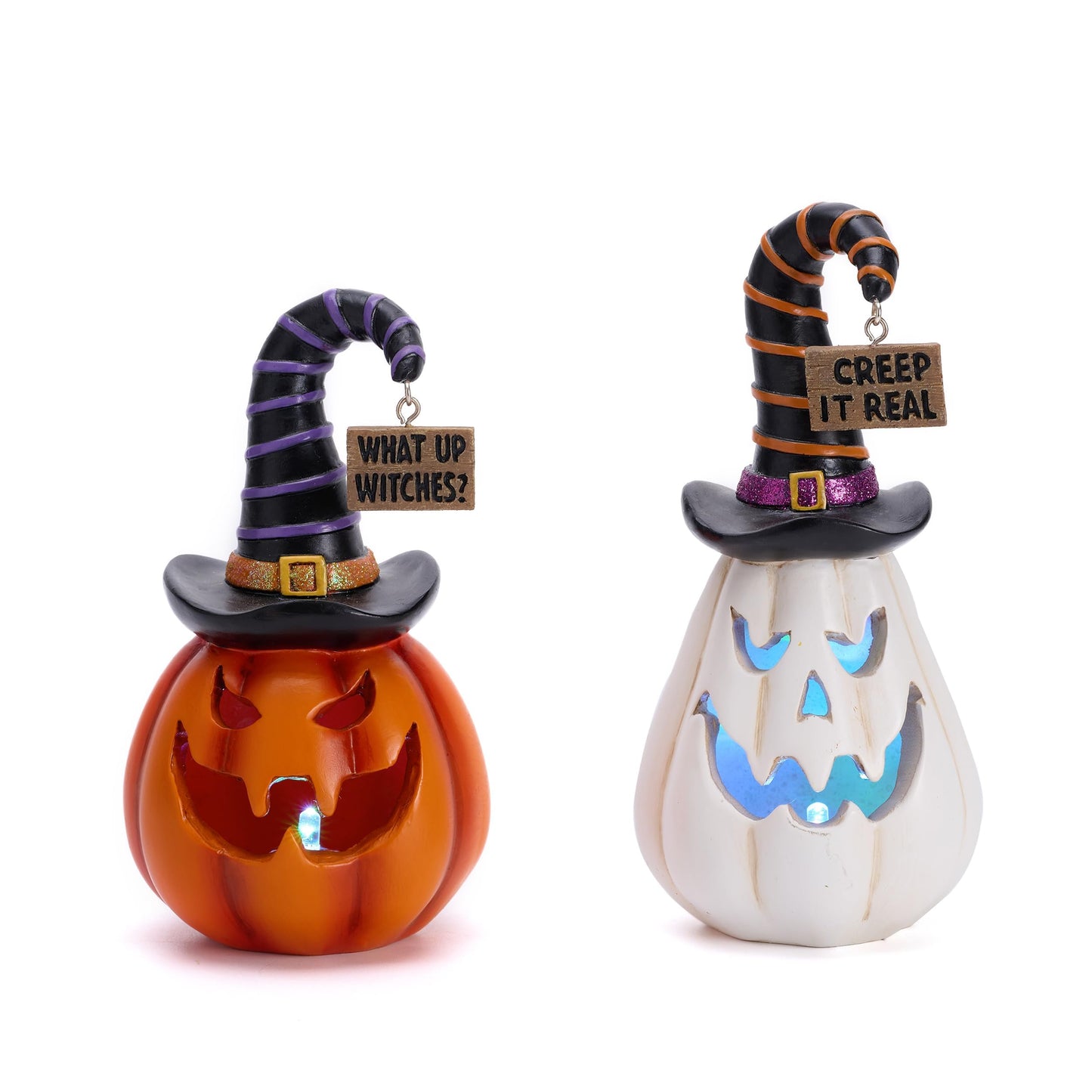 Valery Madelyn Pumpkin Halloween Decorations Indoor for Home, 2Pcs Resin Halloween Figurines with Light, White and Orange Jack o Lantern Decor with Witch Hat for Table Tiered Tray, 6.5" Tall