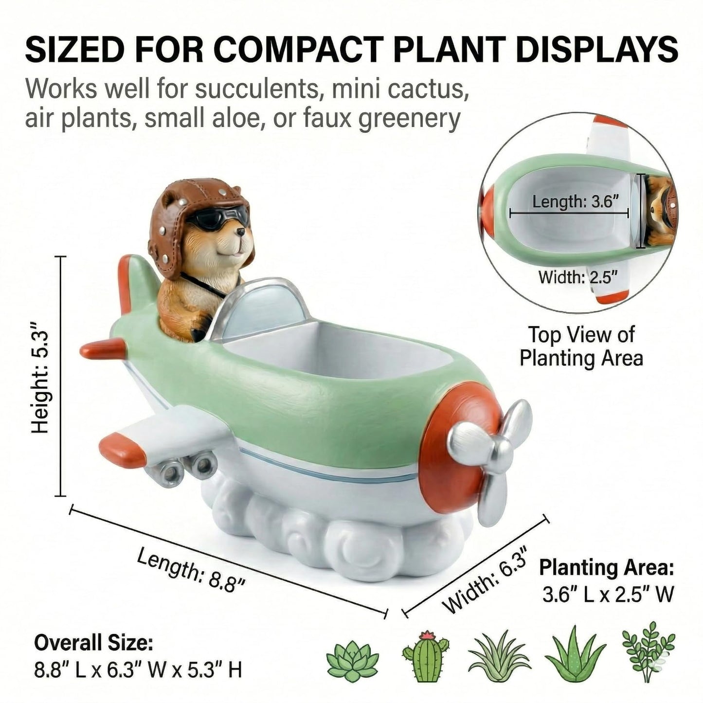 KREATIA Groundhog Pilot Airplane Planter with Drainage Hole, Resin Decorative Plant Pot for Succulents, Air Plants or Faux Greenery, Desk Shelf Windowsill Home Office Decor, 8.8 Inch