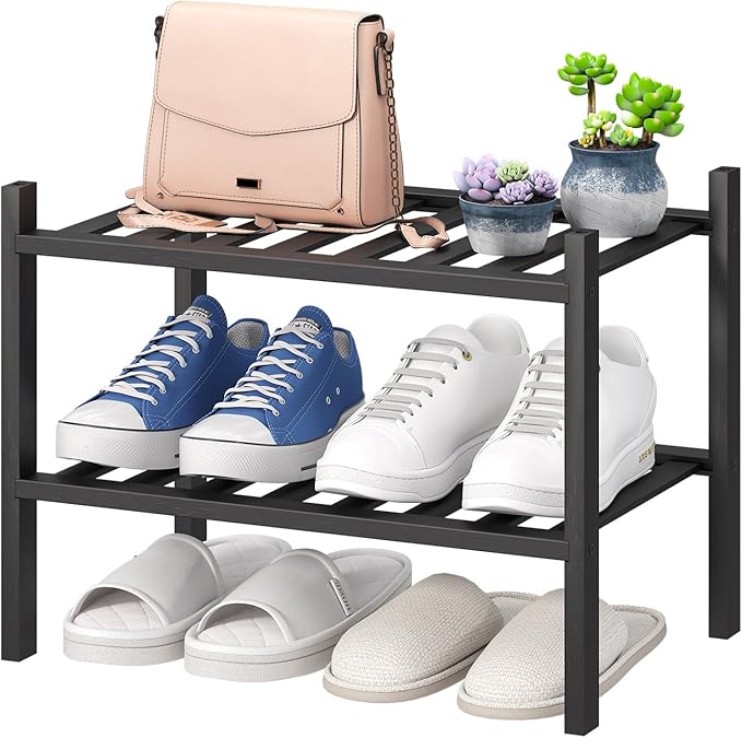viewcare Black Small Shoe Rack for Entryway, 2-Tier Bamboo Shoe Organizer for