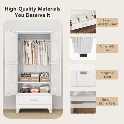 Metal Armoire Wardrobe Closet with Drawers,Storage Cabinet with Hanging Rod,71'' Metal Wardrobe Cabinet with 2 Doors and Adjustable Shelves for Bedroom, Laundry Room, Cloak Room