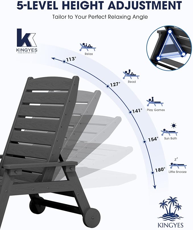 KINGYES HDPE Lounge Chair Outdoor, Patio Chaise Lounge Recliner