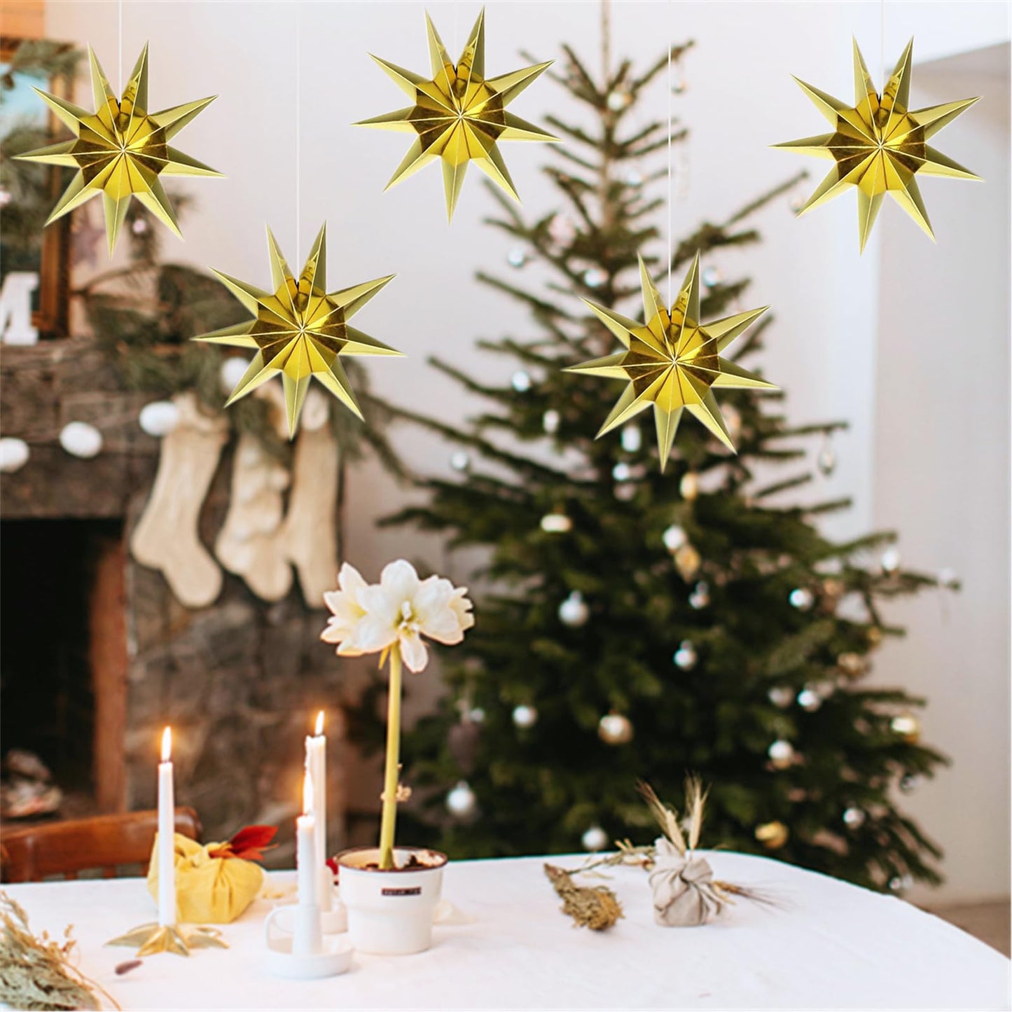 5Pcs Gold Christmas Paper Star,12 Inch Large 9 Pointed Hanging Star Lantern for Xmas Tree,Fireplace,Porch,Birthday Party,Home Decor