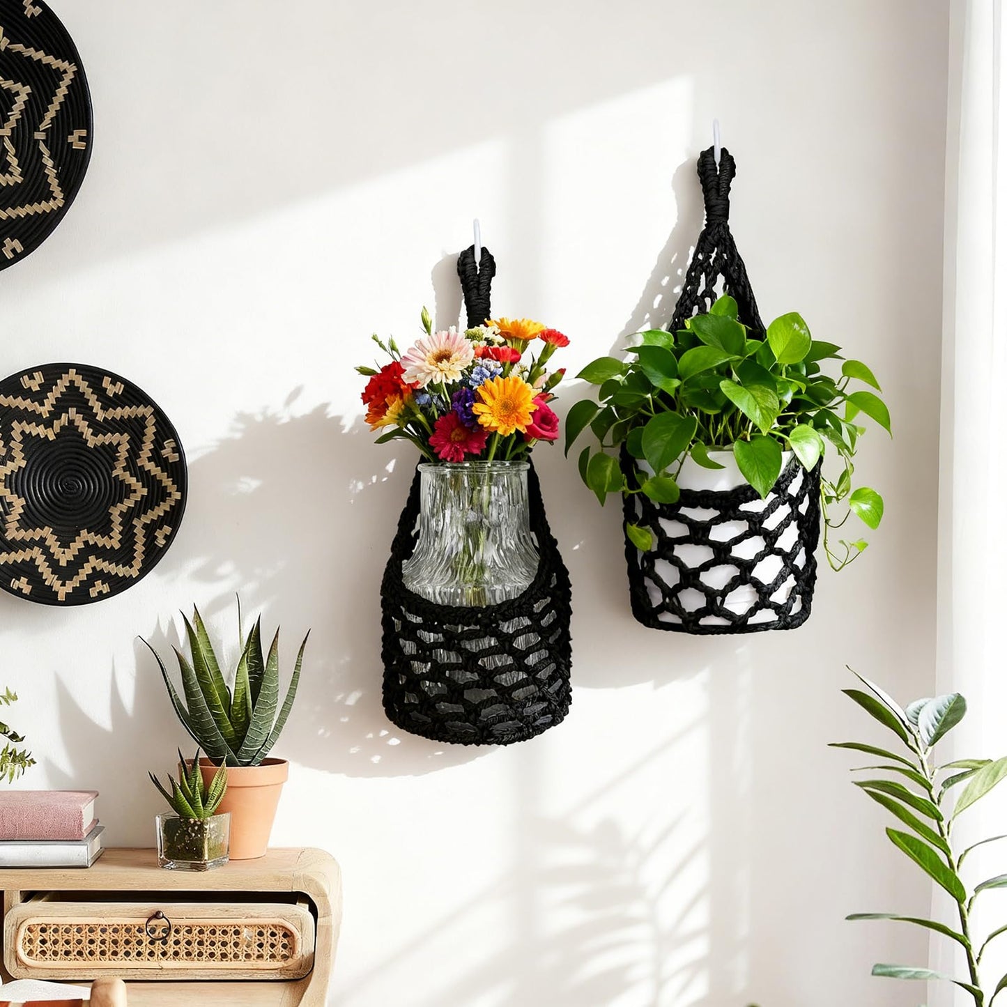 HOREAKHJ Macrame Wall Plant Hanger, Hanging Planter Basket Holder, Wall Planters for Indoor Plants, for Up to 6 Inch Pot (Black, 6-Inch)