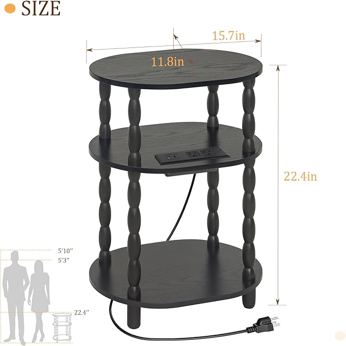 MaxSmeo Black Side Table with Charging Station, 3-Tier Small Oval End Table