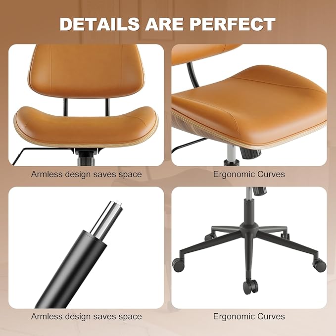 Armless Office Chair with Wheels, PU Leather Adjustable Height Desk Chair