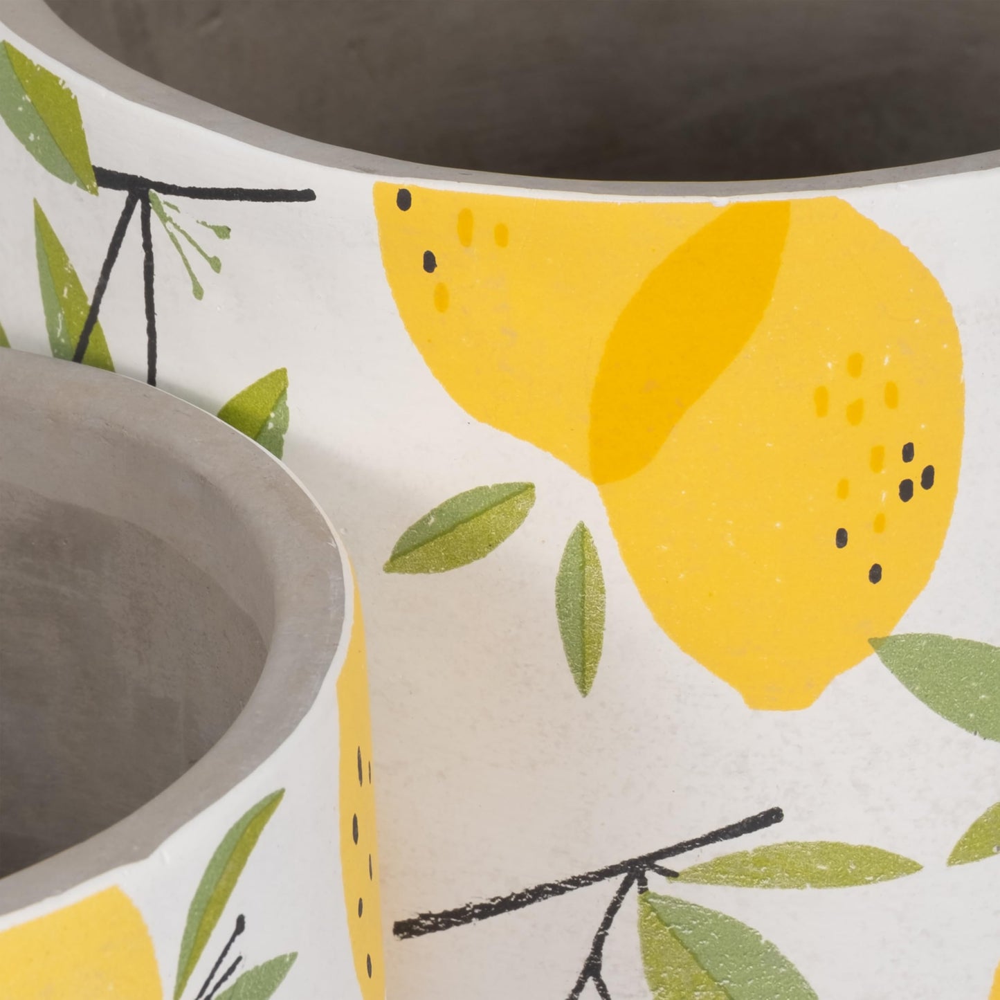 Sagebrook Home Set of 2 Decorative Cement Planters with Drainage Hole - Modern Lemon Print - Indoor/Outdoor Use - 7", 6" Yellow, White, Gray