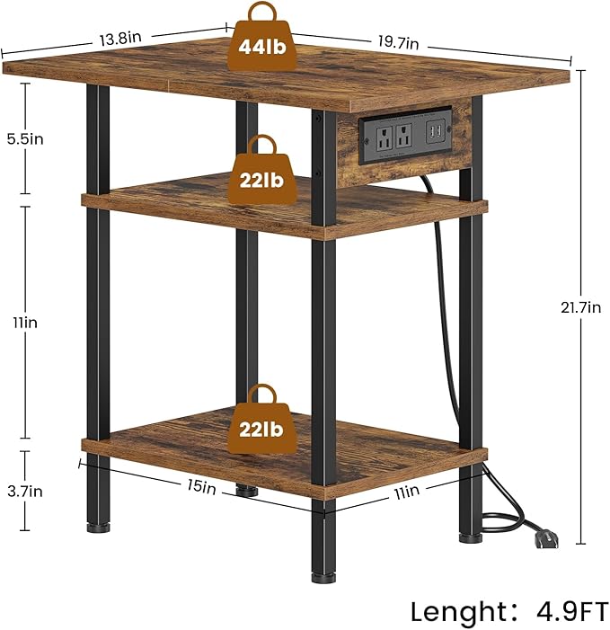 Asgolion Side Table with Charging Station, Skinny Nightstand with USB Ports and