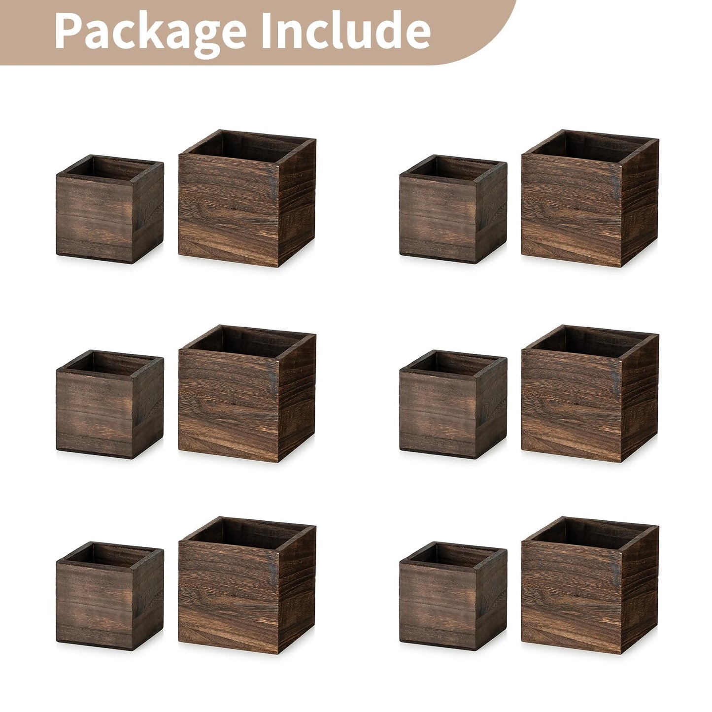 NUPTIO Wooden Box for Centerpiece Wedding: 12 Pcs Rustic Square Planter Box for Christmas Table Fall Decorations - 4×4" & 5×5" Small Wood Vases Flower Pots for Windowsill Home Garden Decor