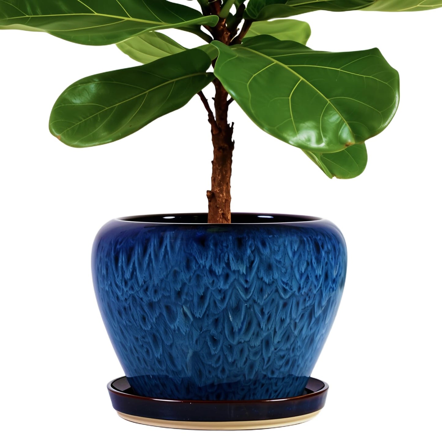 MAGP 10 Inch Large Plant Pots with Drainage Hole and Saucer, Large Ceramic Decorative Flower Pot for Plants Indoor Outdoor Planter, Round Blue