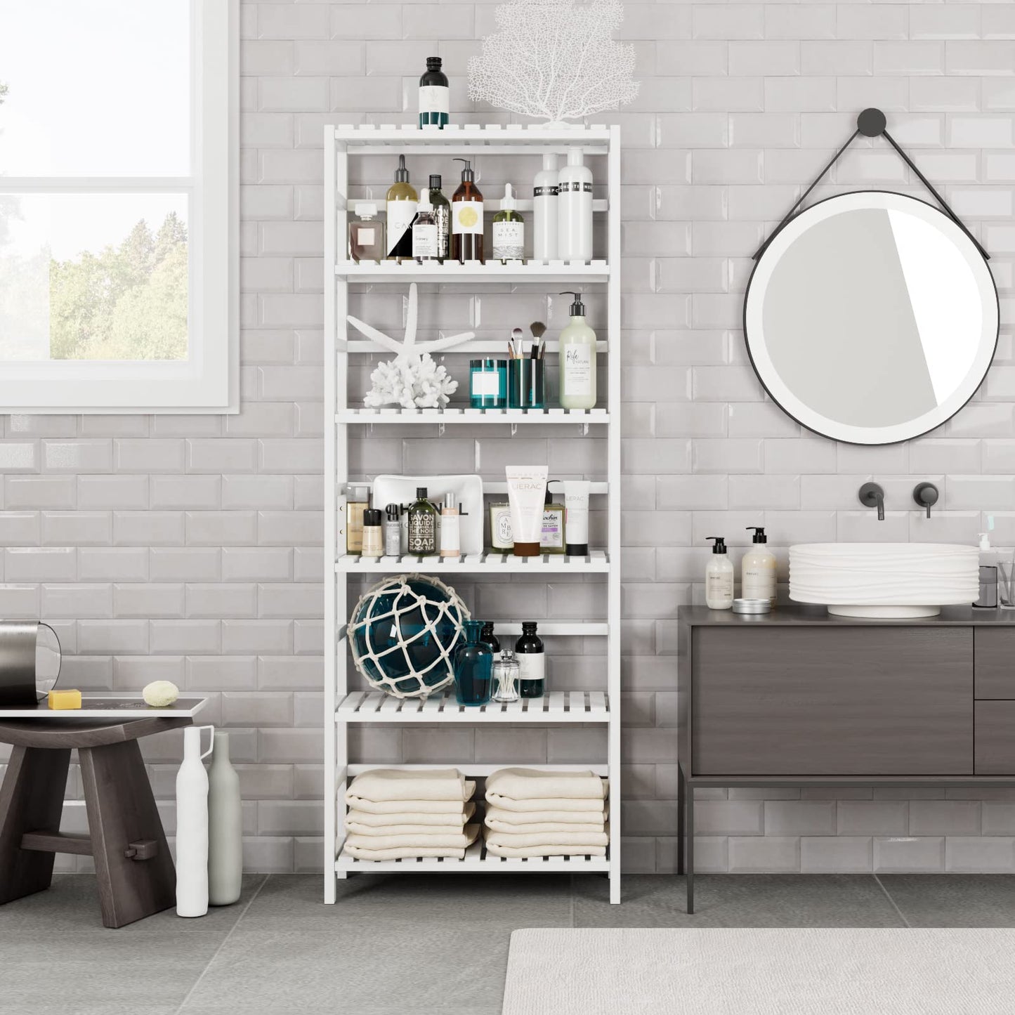Bamjoy Bamboo Shelf, 6 Tier Bookcase Storage Shelves, Tall Book Rack Shelving Unit, Multipurpose Storage Display Shelf Adjustable Storage Rack for Bathroom Home Office Living Room Kitchen, White