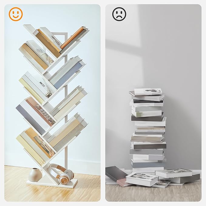 HOOBRO Tree Bookshelf, 9-Tier Bookcase Wooden Shelves, Floor Standing Storage