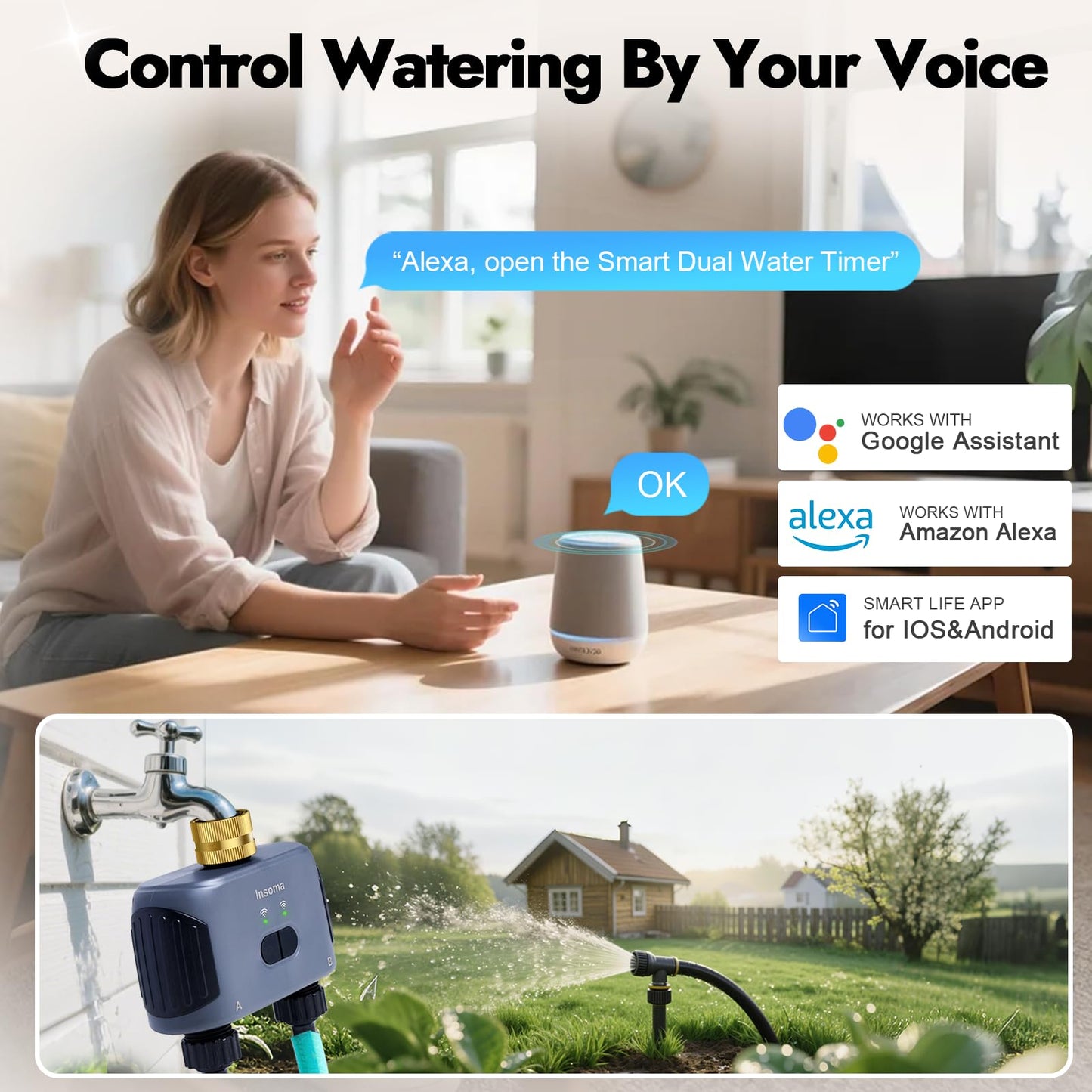 WiFi Water Timer for Garden Hose with Brass Inlet,Smart Hose Timer with WiFi Hub, APP & Voice Control,Up to 20 Watering Plans, 2-Zone Sprinkler Drip Irrigation System Controller for Yard Lawn Watering