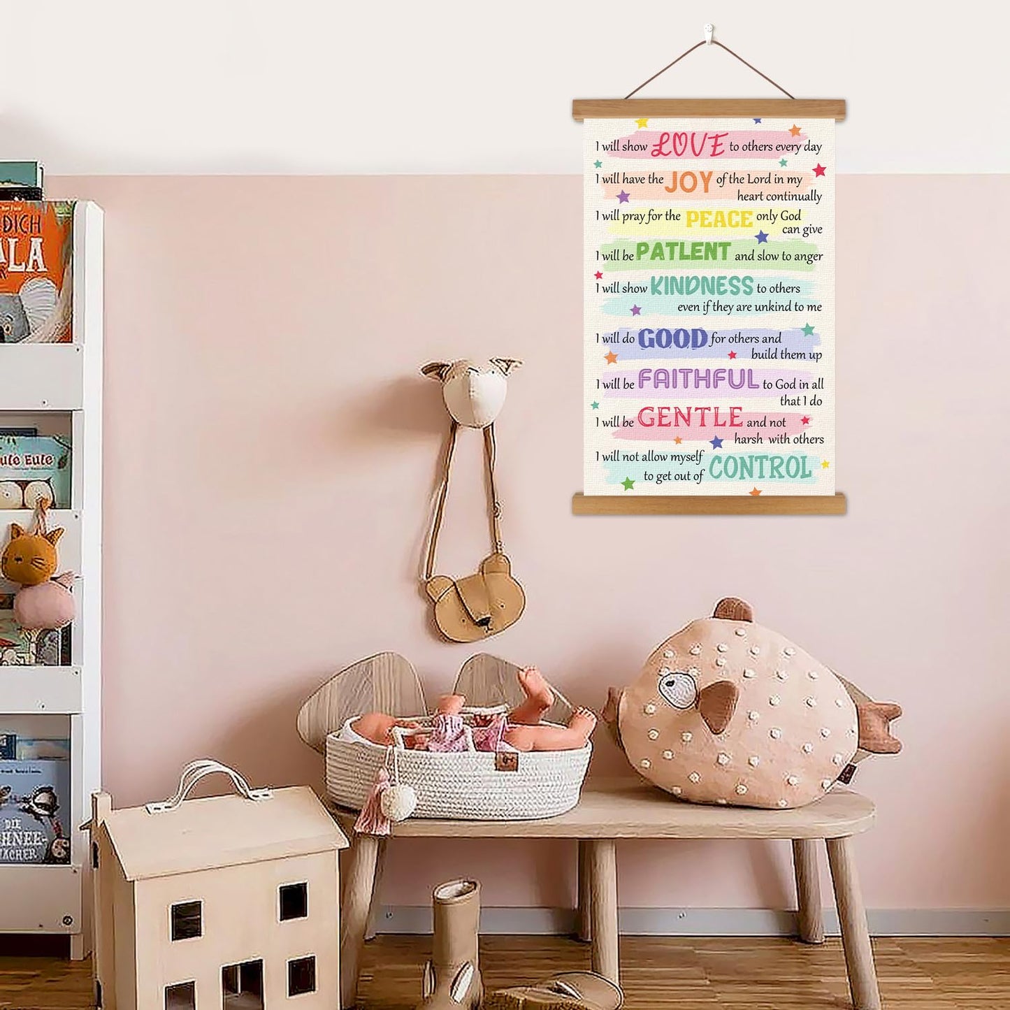 KAIRNE Bible Verse Poster With Wood Magnetic Hanger,Christian Fruits Pictures Wall Decor,Sunday School Motivational Wall Art(35X56CM) Rainbow Positive Canvas For Kids Bedroom Playroom Classroom Decor