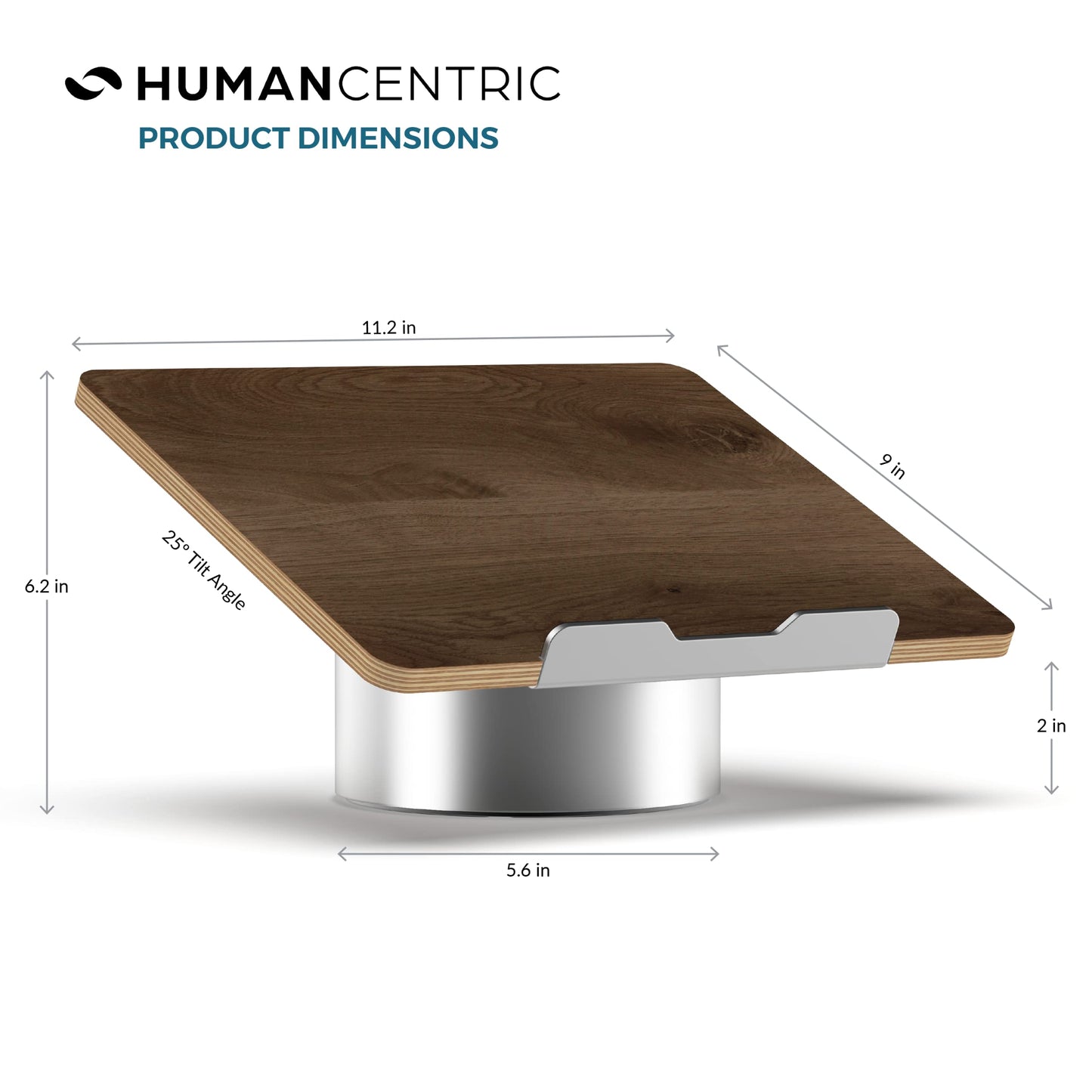 HumanCentric Laptop Riser for Desk in Black Walnut Wood Top and Space Gray Aluminum Base, Compatible with MacBook and Other Laptops Up to 16 Inches, Ergonomic Computer Holder, 25-Degree Angle Tilt