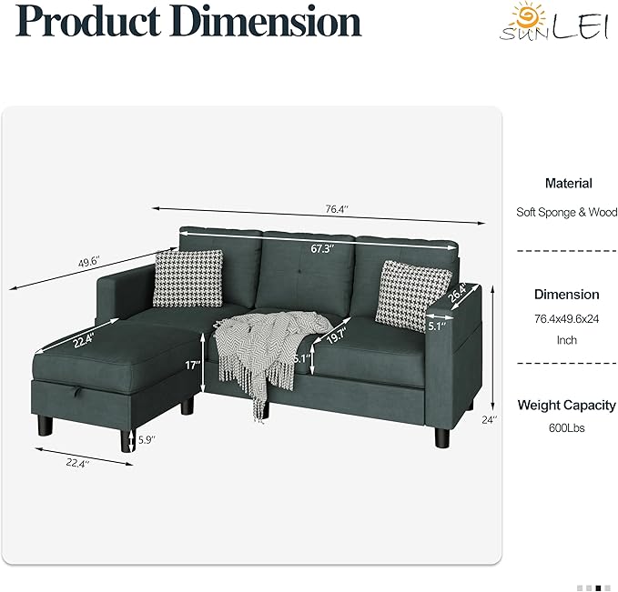 SUNLEI Convertible L-Shaped Sectional Couches