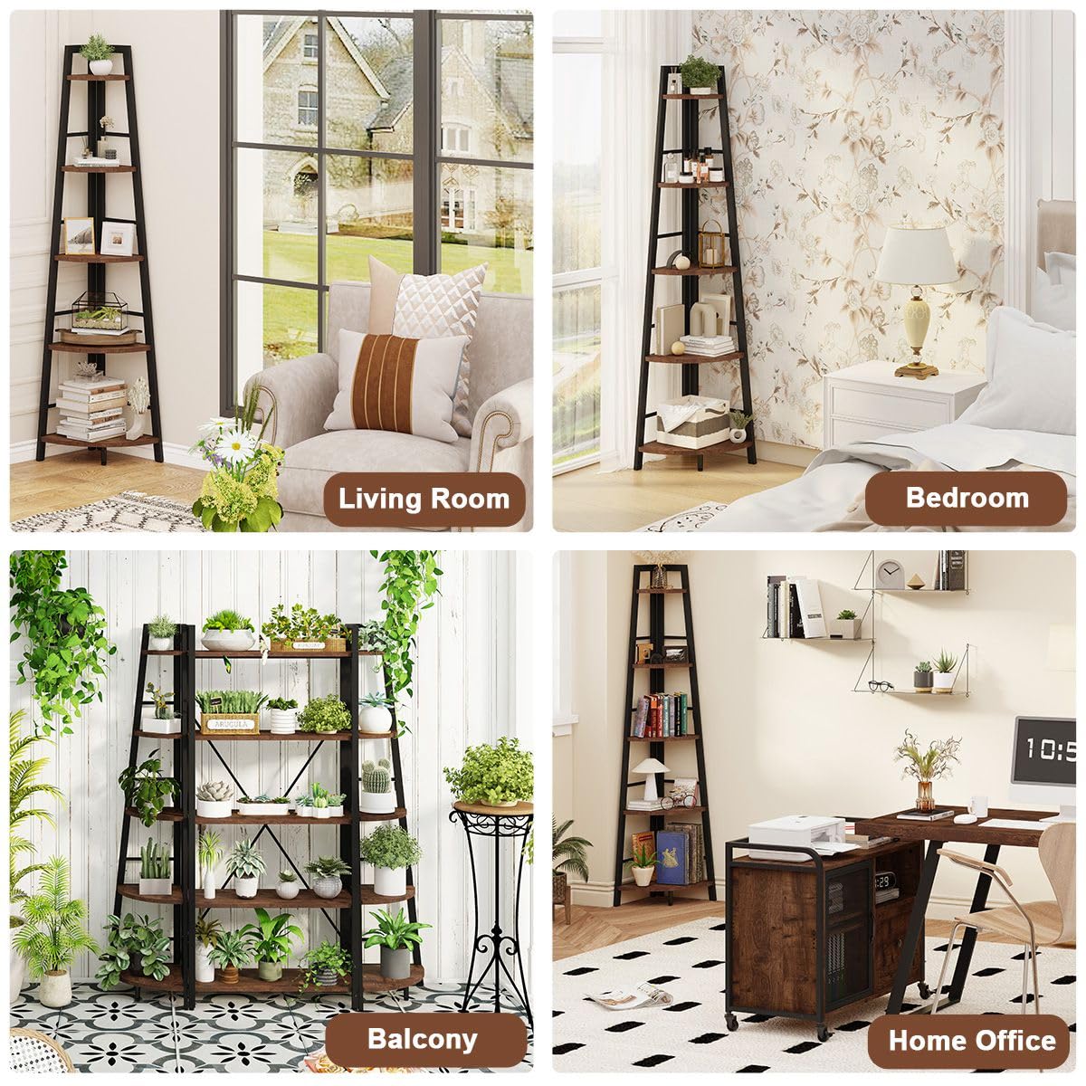 BON AUGURE 5-Tier Corner Ladder Shelf Stand, Black Metal Wood Corner Bookshelf, Narrow Tall Display Bookcase Shelving Unit for Living Room, Home Office, Small Space (Rustic Oak)