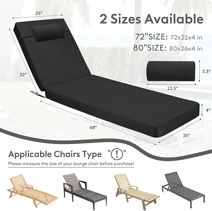 Chaise Lounge Cushion for Outdoor Furniture, Waterproof, Fade-Resistant and