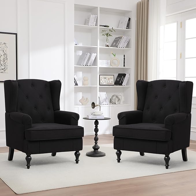 Accent Chair Set of 2, Mid Century Modern Fabric Wingback Chair, Upholstered