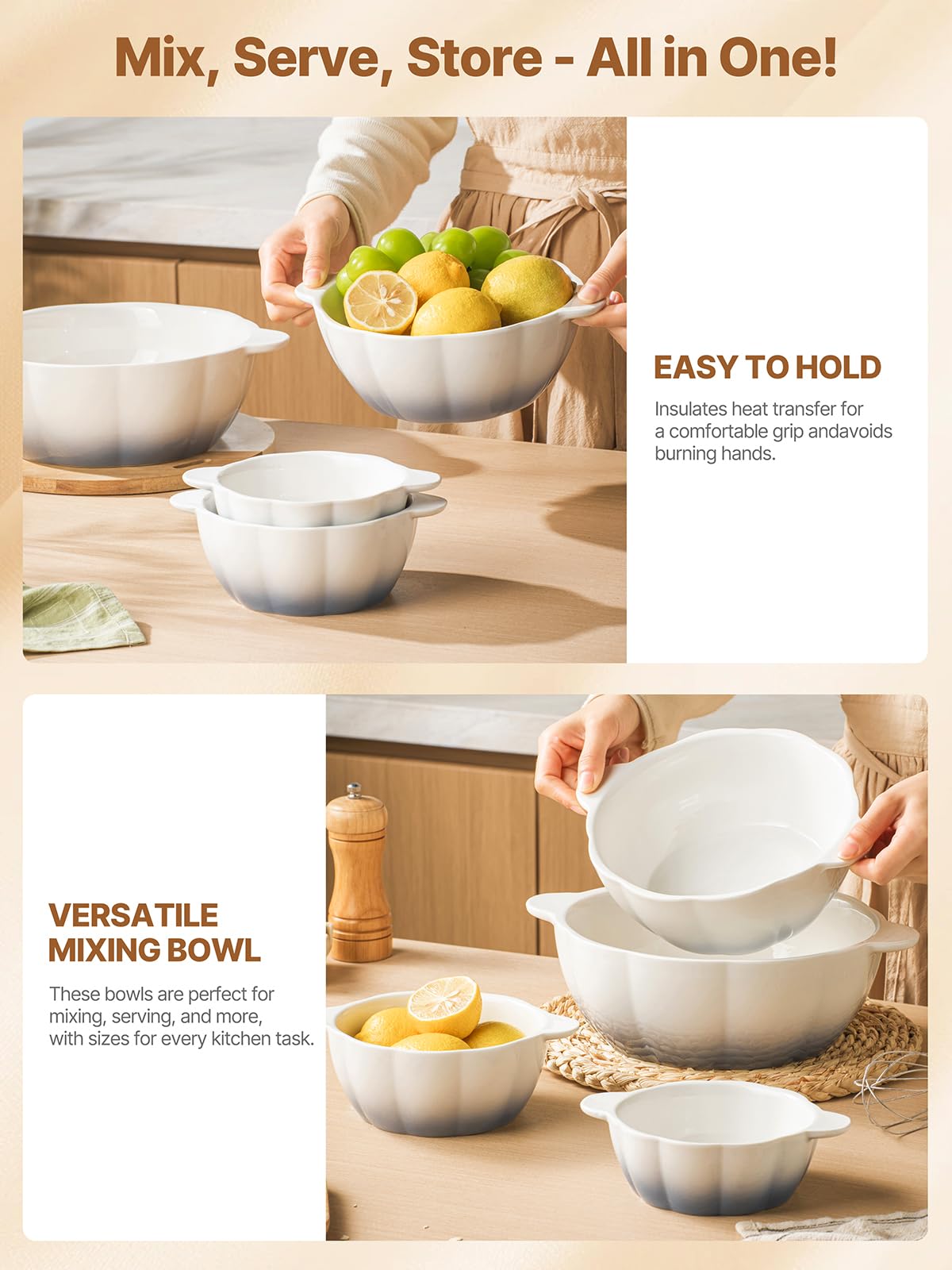 MISSYSSIM Large Soup Bowls Set of 4, Pumpkin Microwave Mixing Bowls with Handle, Ceramic Serving Bowls for Prepping, Pasta, Salad - Kitchen Cooking and Baking Supplies, Mothers Day Gift