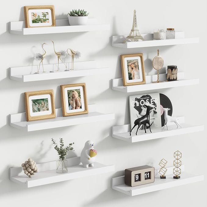 Floating Picture Ledge Shelves Set of 8, 16 Inch Solid Wood Wall Shelves