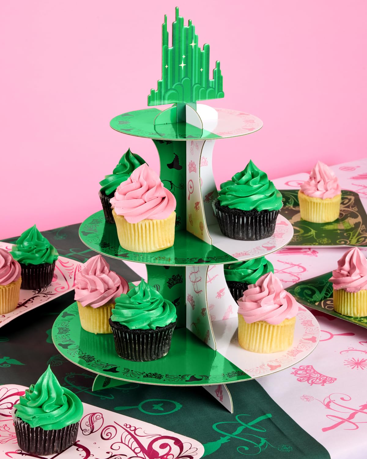 xo, Fetti Pink + Green Witch Cupcake Tower, 3 Tiers | Birthday Display Decorations, Kids Wizard Decor, Girls Cake Stand, Bachelorette Party Dessert Table