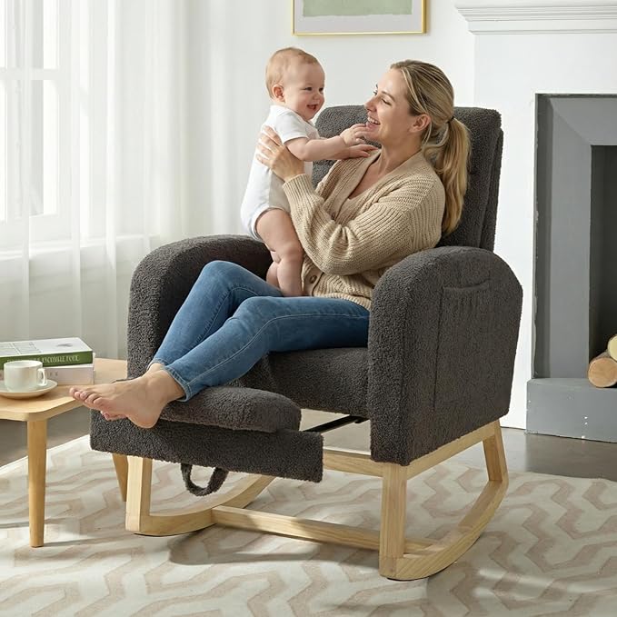 NIOIIKIT Modern Nursery Rocking Chair, Teddy Upholstered Rocking Chair