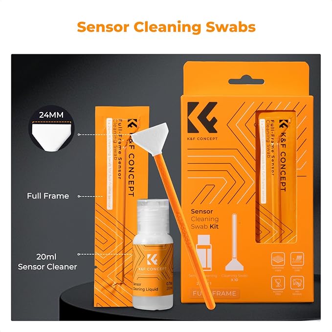 K&F CONCEPT 24mm Full Frame Sensor Cleaning Swab*10 + 20ml Sensor Cleaner, DSLR SLR Digital Camera CMOS and CCD Sensor Cleaning Swab Kits for Nikon Sony Canon Camera Clean