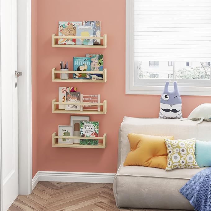 Fixwal Nursery Book Shelves, 16.5 Inch Floating Nursery Bookshelves, Solid Wood