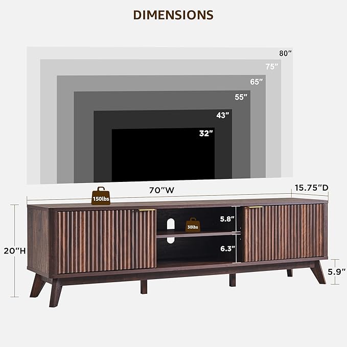 OKD 70" Mid Century Modern Fluted TV Stand, Entertainment Center, Media Console