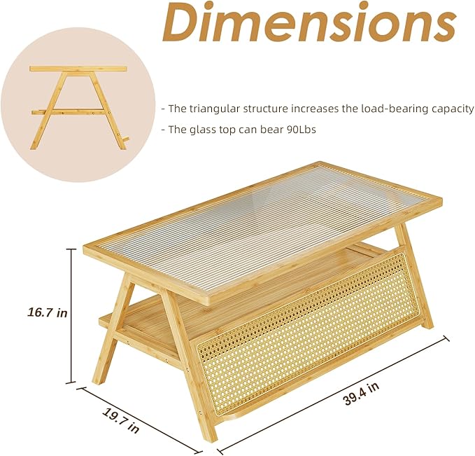 Bamworld Coffee Table with Storage Mid-Century Modern Coffee Table Boho