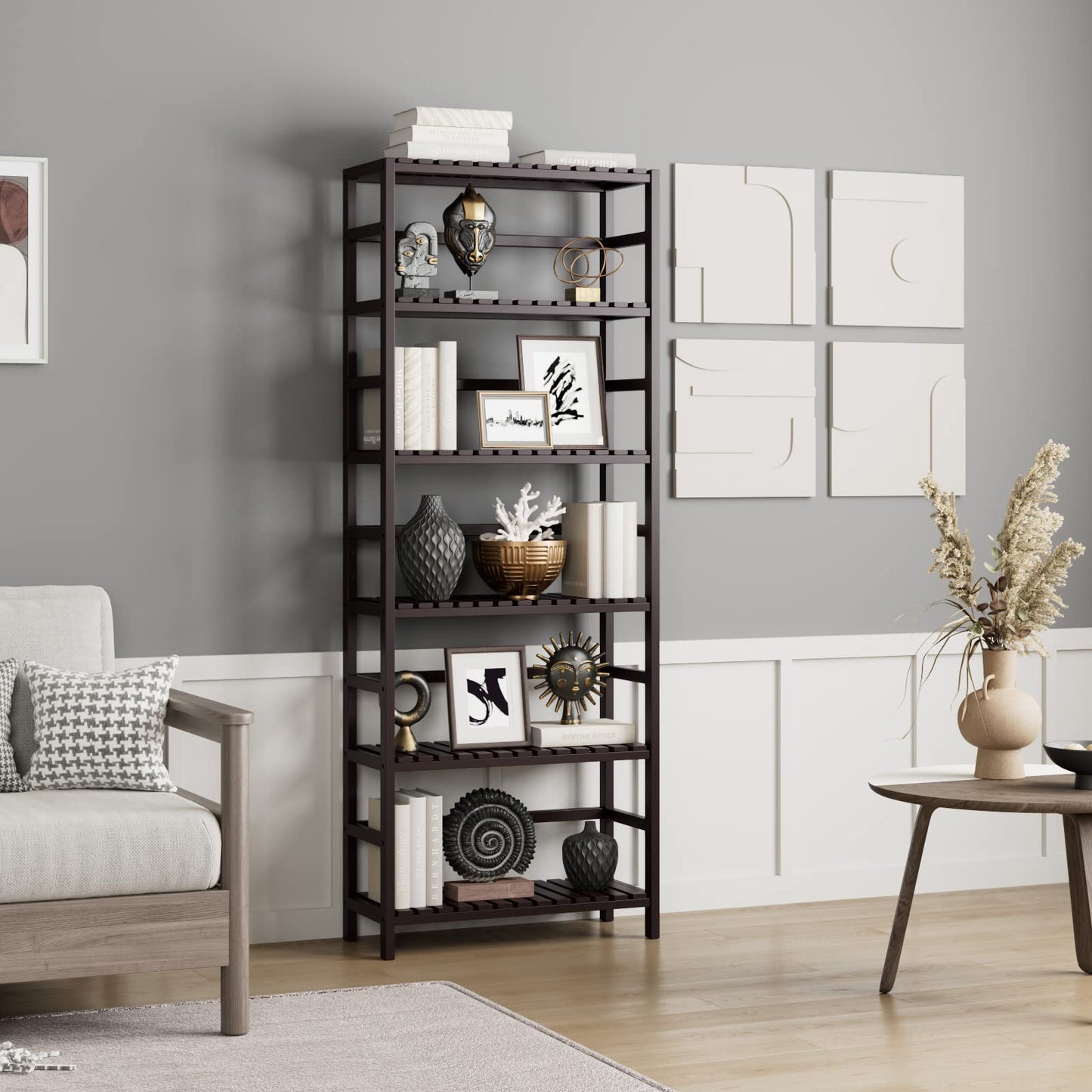Bamjoy Bamboo Shelf, 6 Tier Bookcase Storage Shelves, Tall Book Rack Shelving Unit, Multipurpose Storage Display Shelf Adjustable Storage Rack for Bathroom Home Office Living Room Kitchen, Dark Brown