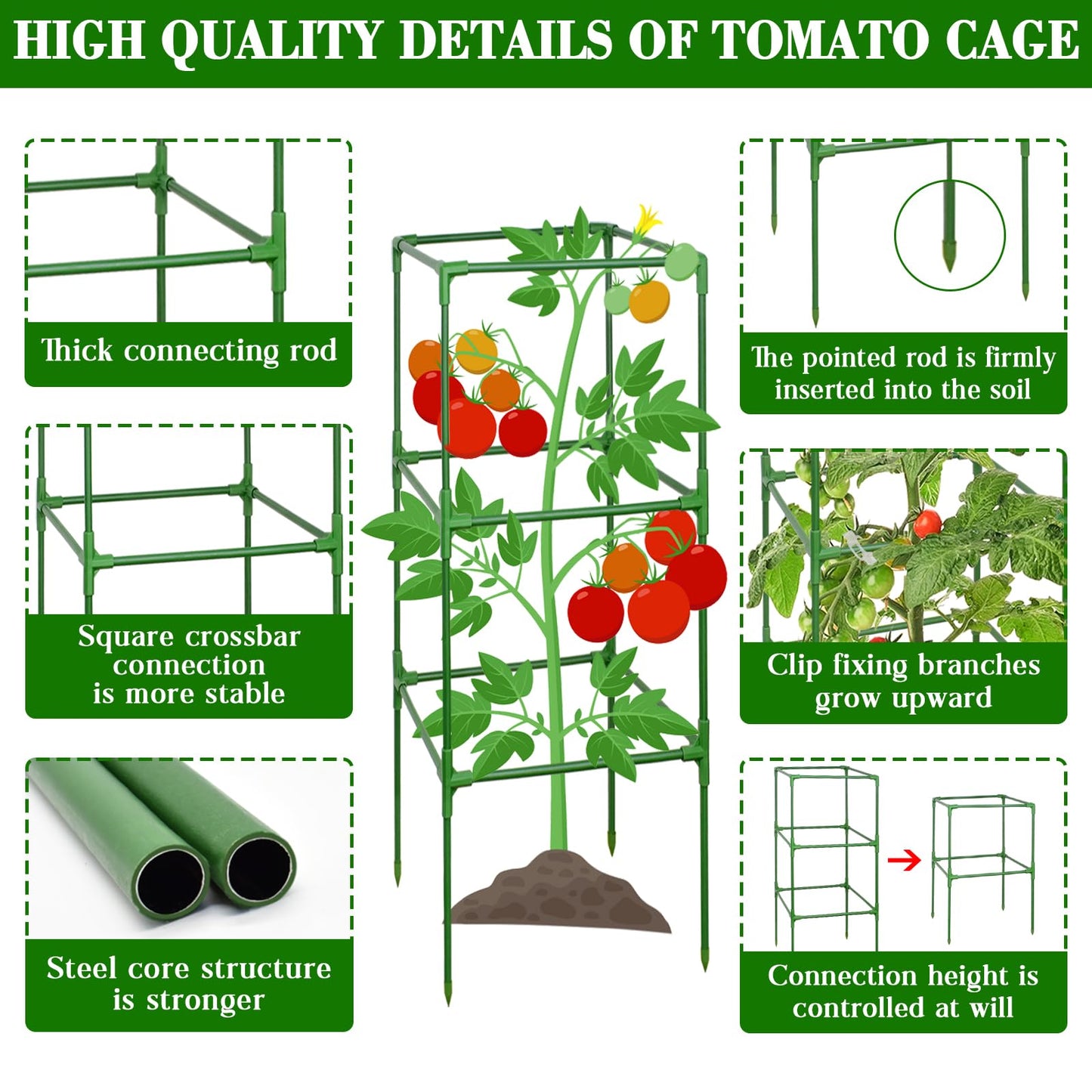 ZeeDix Tomato Cages with Bird Netting Set - 6 Pack 60 Inches Heavy Duty Tomato Cages + 6 Pack 57 Inches Garden Mesh Barrier for Tomatoes Climbing Vegetables Flowers