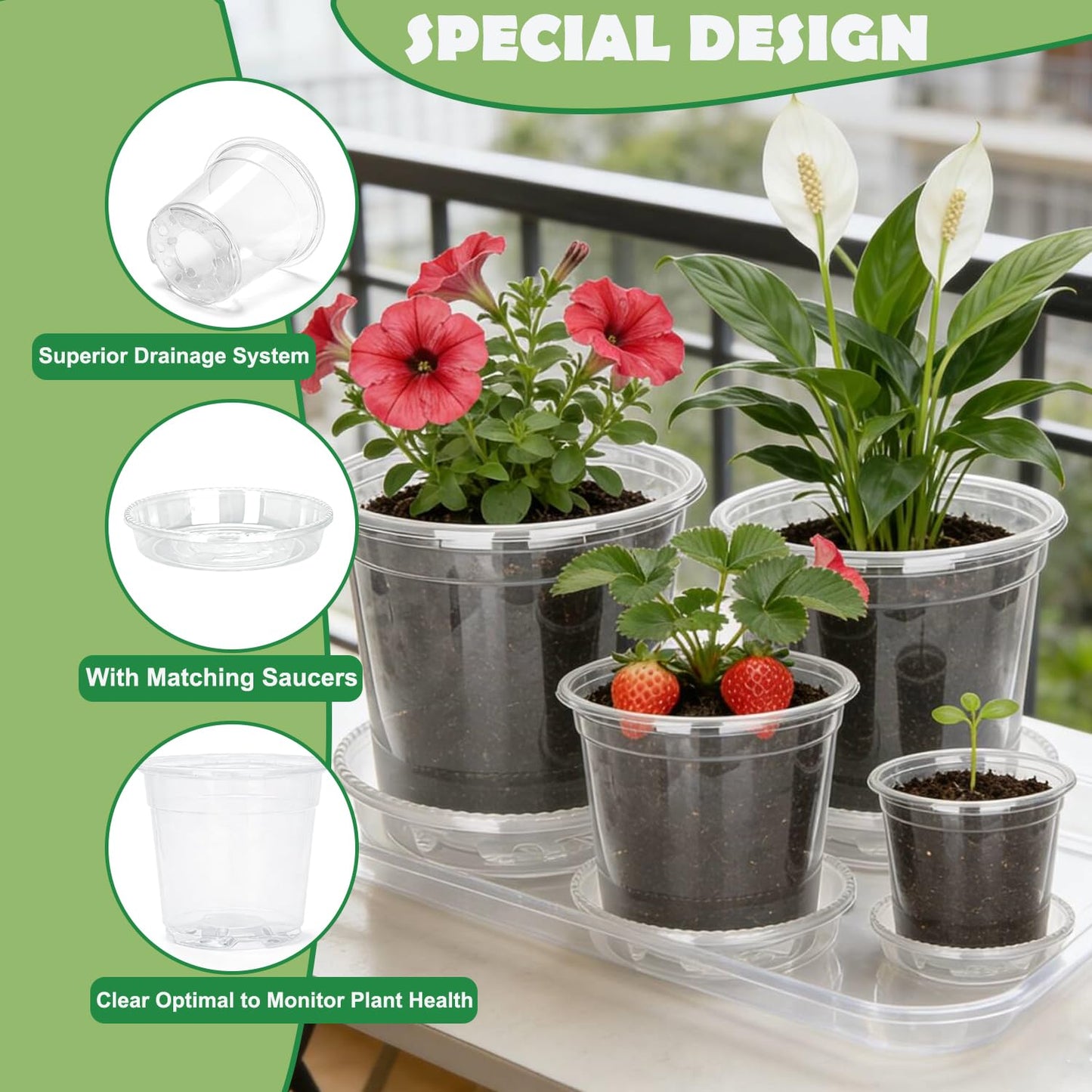 4/5/6/7 Inch Clear Nursery Pots with Saucers, 20 Pack Multiple Sizes Plastic Seedling Pots with Drainage Holes, Reusable Transparent Planters for Succulents, Cuttings, Indoor Outdoor Gardening