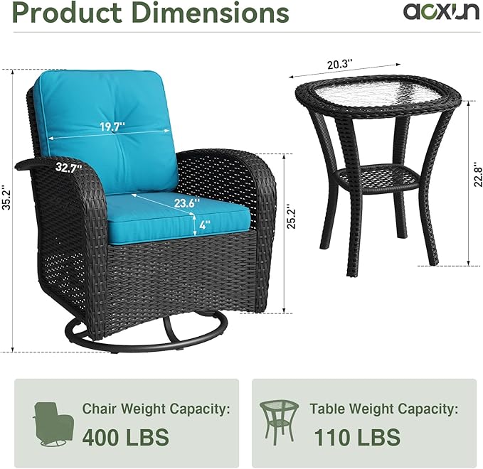 Aoxun 3 Pieces Patio Furniture Set, Patio Swivel Rocker Chairs Set of 2