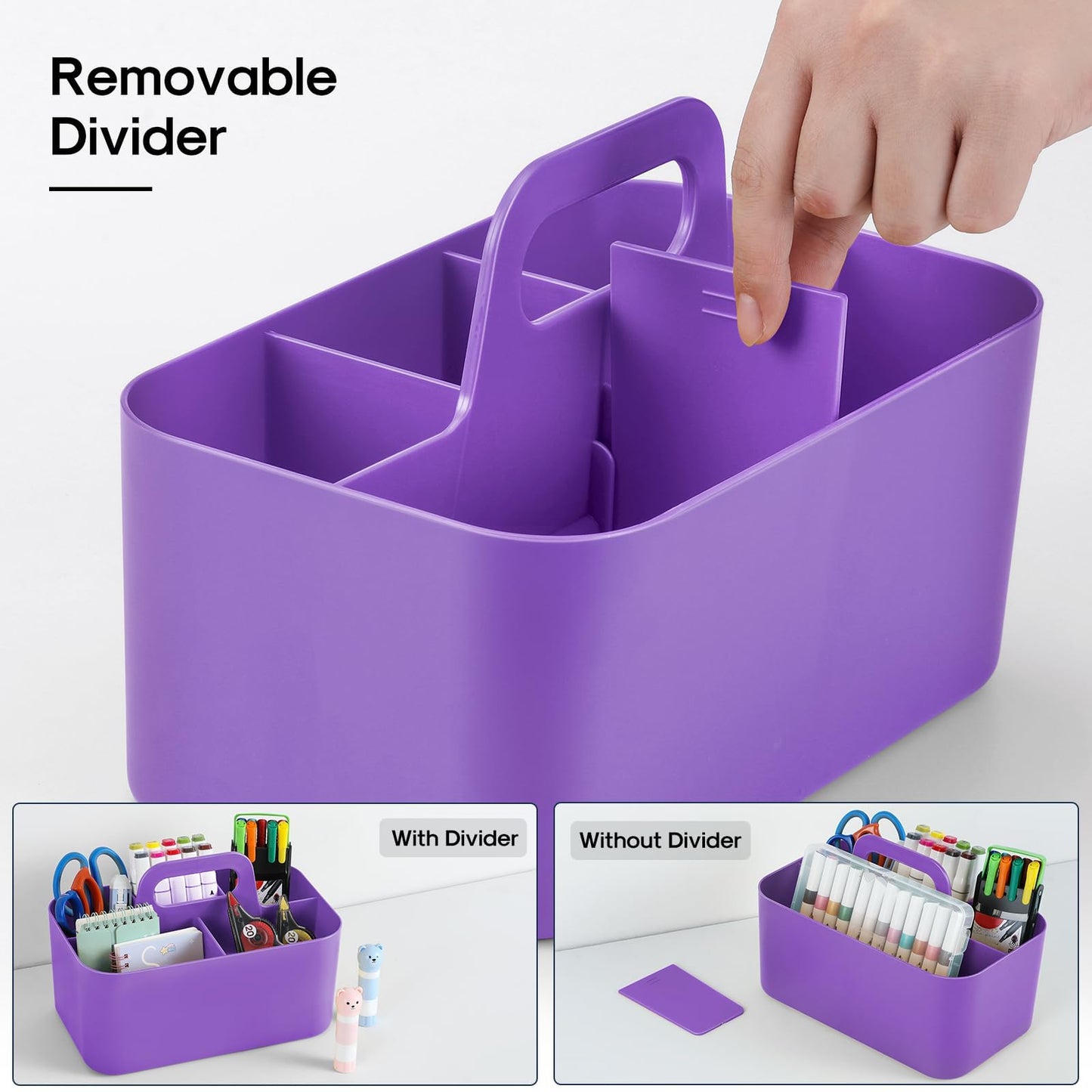 Multiuse Caddy Organizer with Handle, Portable Divided Plastic Tote Bin - Art Craft, Stationary Pen Marker Crayon, Makeup Hair Supplies Storage - Bathroom, Classroom, Dorm, Office, Desk Holder -Purple